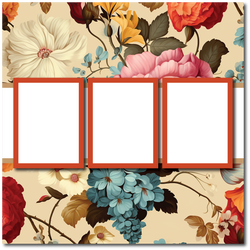 Floral - 3 Frames - Blank Printed Scrapbook Page 12x12 Layout