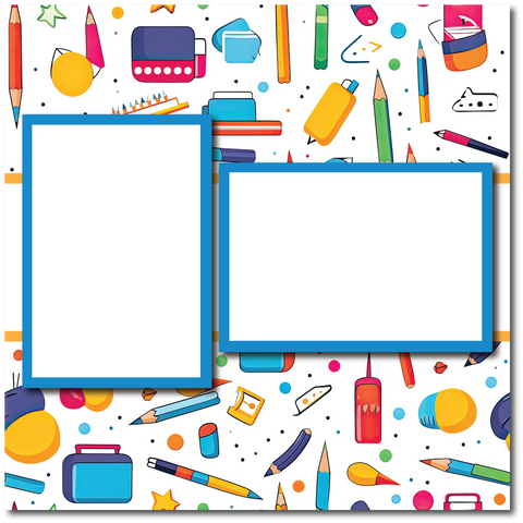 School Supplies - 2 Frames - Blank Printed Scrapbook Page 12x12 Layout
