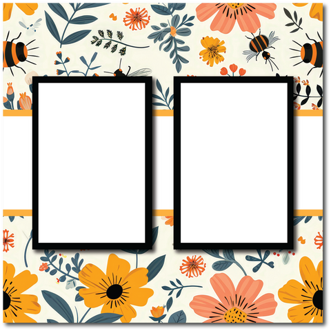 Florals Bees - 2 Frames - Blank Printed Scrapbook Page 12x12 Layout