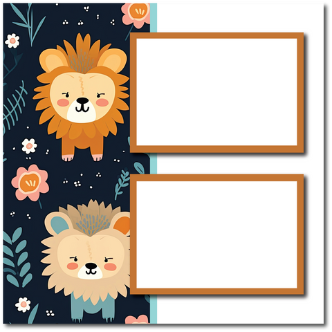 Floral Lions - 2 Frames - Blank Printed Scrapbook Page 12x12 Layout