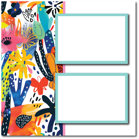 Colorful Abstract Flowers - 2 Frames - Blank Printed Scrapbook Page 12x12 Layout