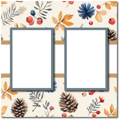 Fall Leaves Pinecones - 2 Frames - Blank Printed Scrapbook Page 12x12 Layout