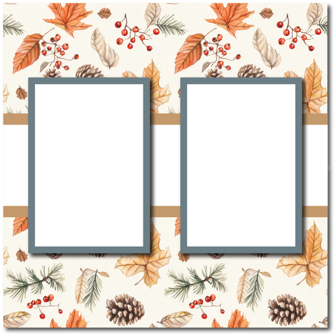 Fall Leaves Pinecones - 2 Frames - Blank Printed Scrapbook Page 12x12 Layout