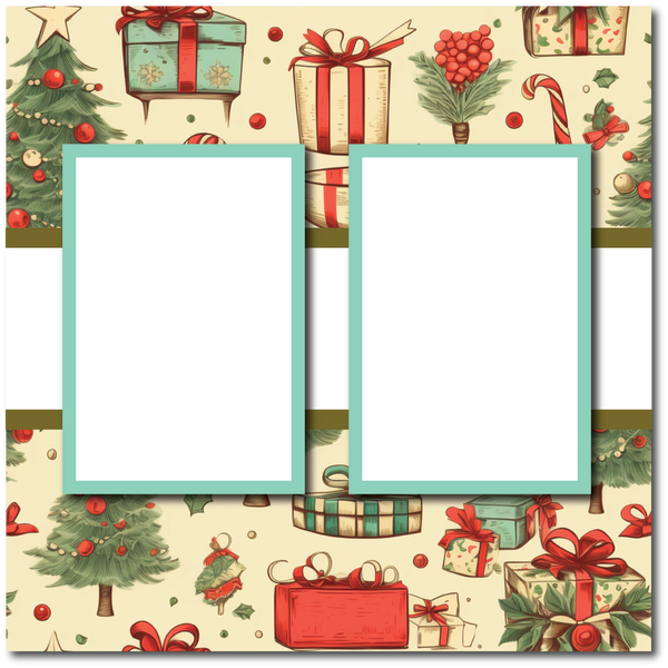 Christmas Tree Presents - 2 Frames - Blank Printed Scrapbook Page 12x12 Layout