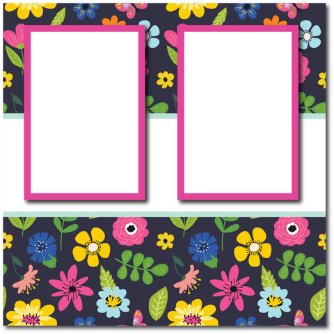 Bright Florals - 2 Frames - Blank Printed Scrapbook Page 12x12 Layout