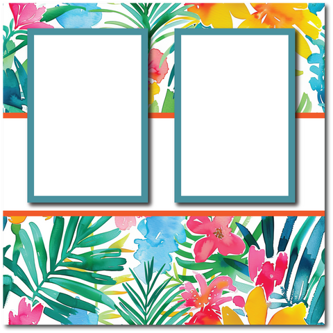 Bright Tropical Floral - 2 Frames - Blank Printed Scrapbook Page 12x12 Layout