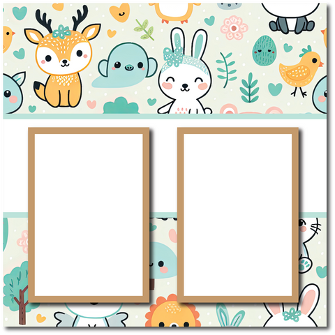 Forest Animals - 2 Frames - Blank Printed Scrapbook Page 12x12 Layout
